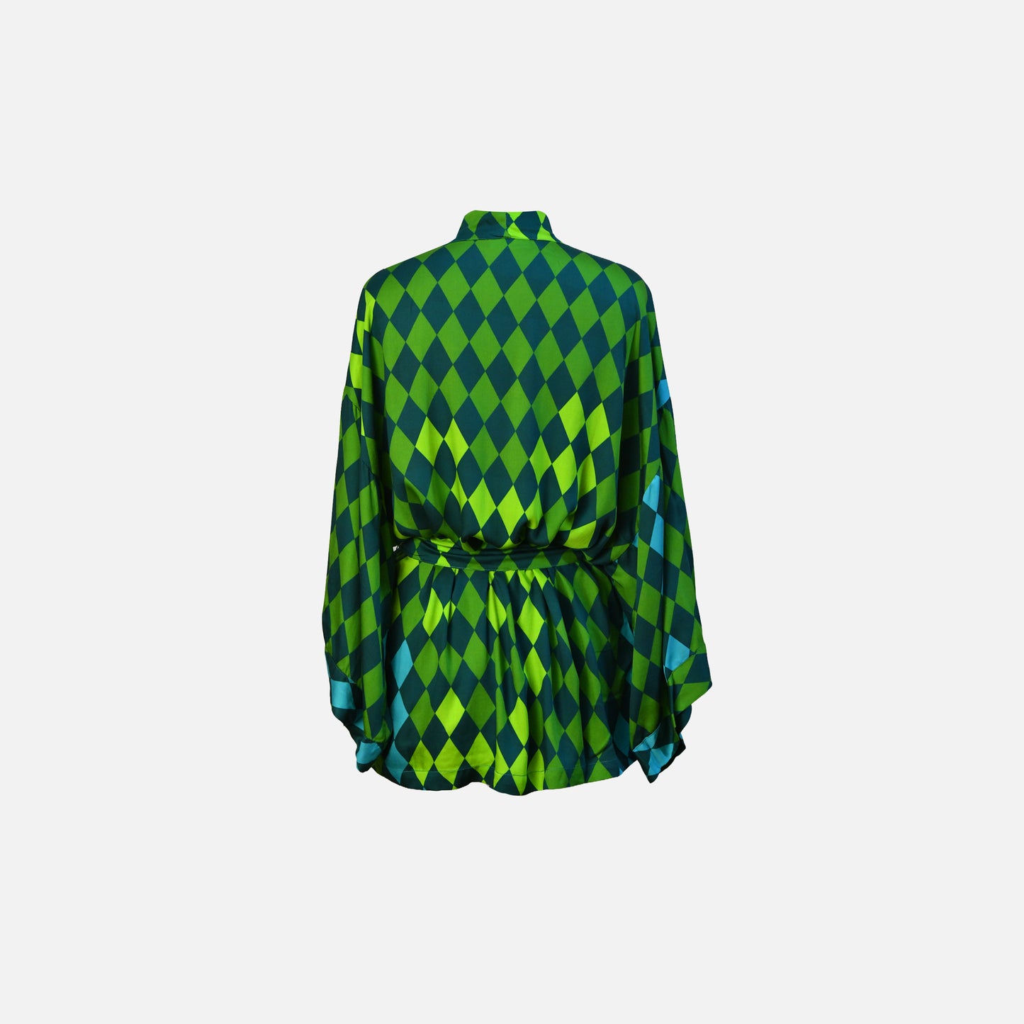 EcoVero™ viscose short kimono with rhomb print in green and turquoise tones, back view, tied at the waist