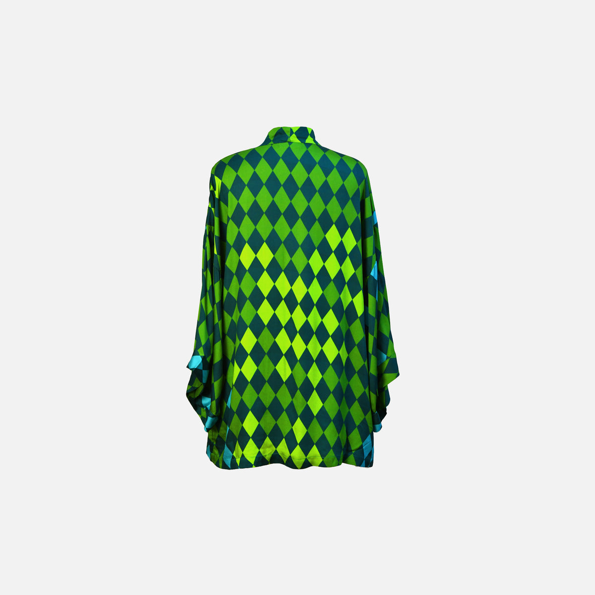 EcoVero™ viscose short kimono with unique rhomb print in green and turquoise tones, back view