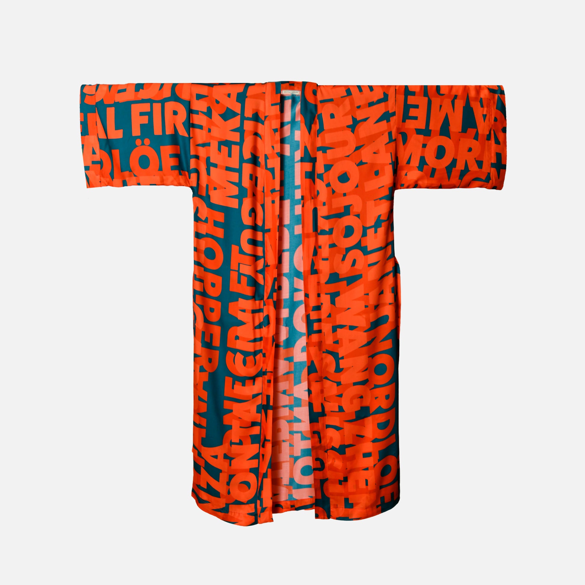 Red and teal garment with graphic text print featuring women in history 