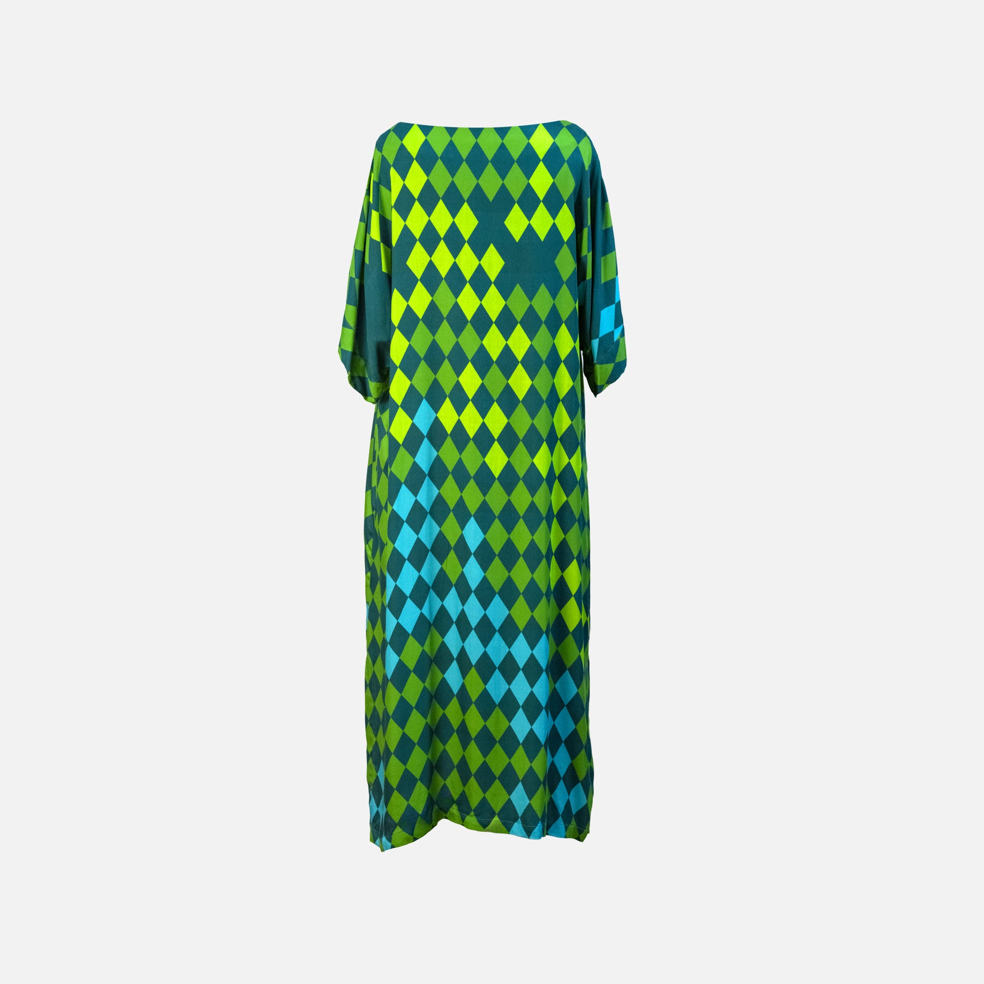 EcoVero™ viscose midi dress with unique rhomb print in green and turquoise tones, back view