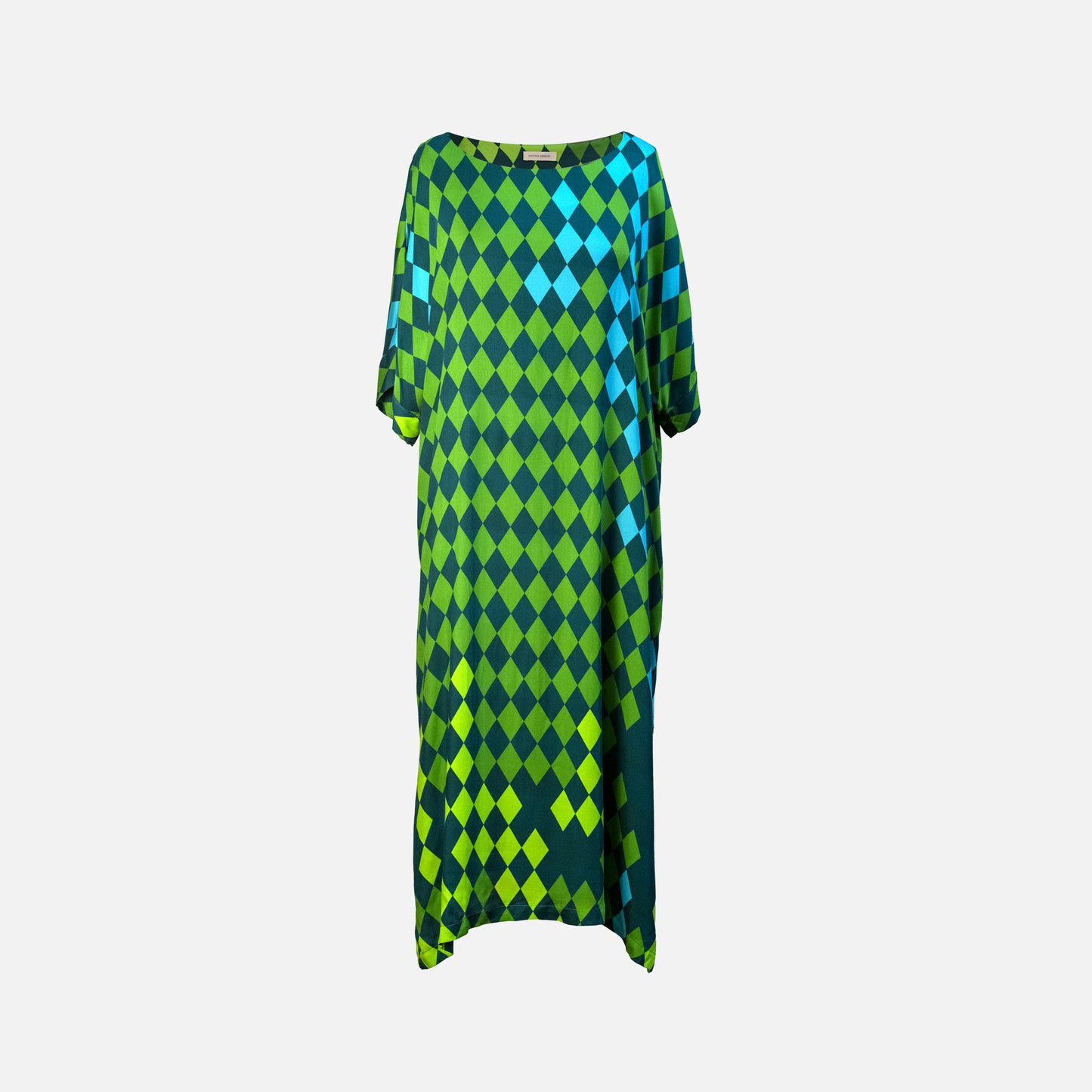 Sustainable EcoVero™ viscose midi dress with rhomb print in green, lime and turquoise, front view
