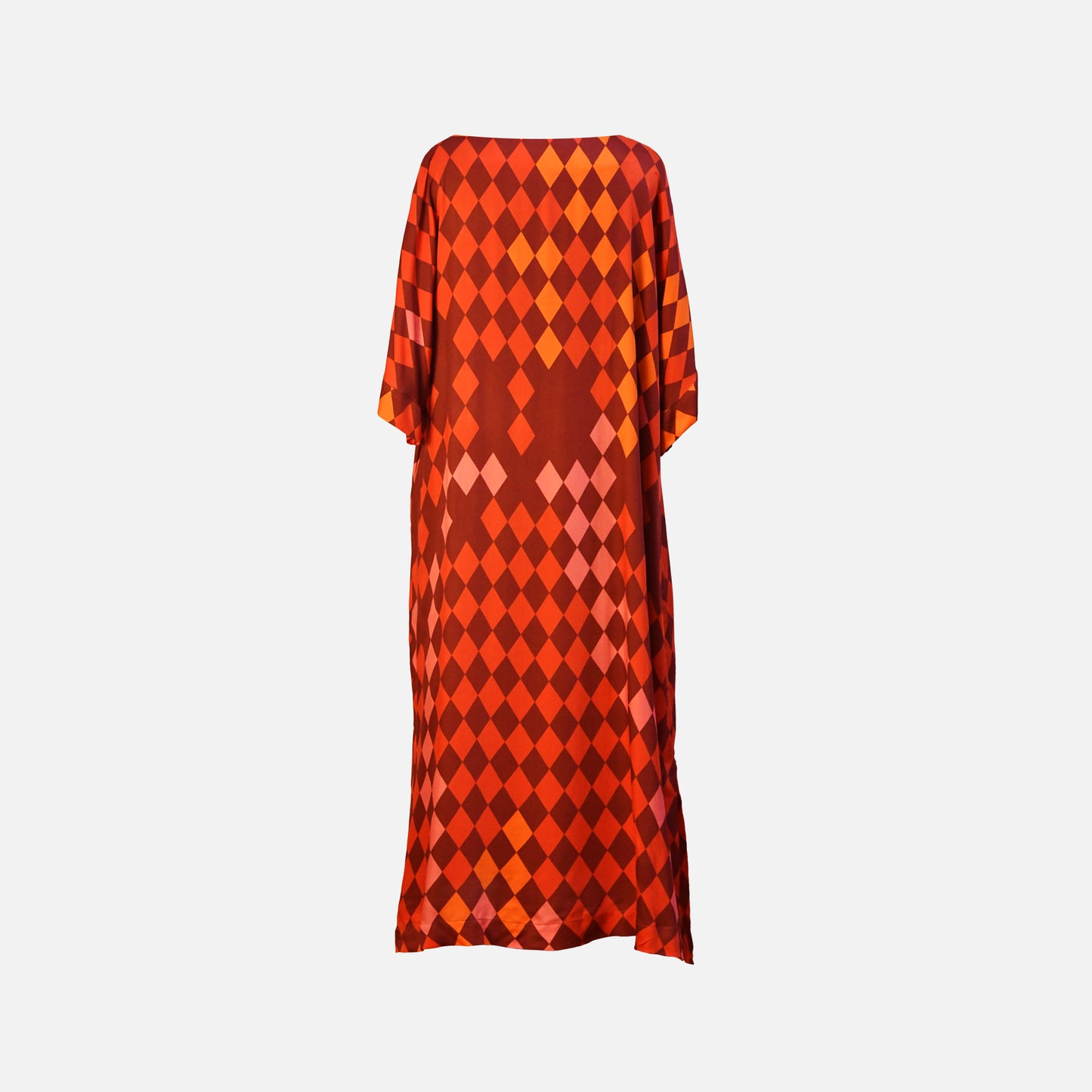 EcoVero™ viscose midi dress with unique rhomb print in warm red and terracotta tones, back view.