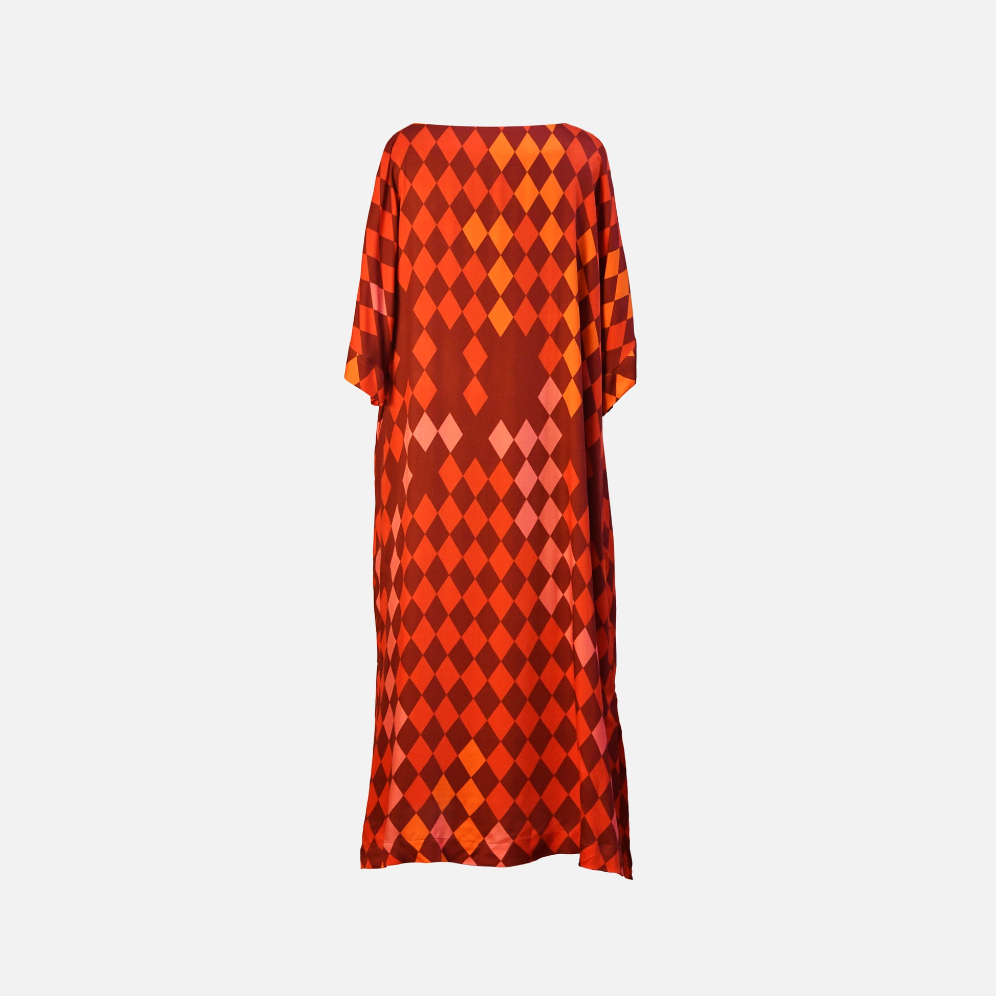 EcoVero™ viscose midi dress with unique rhomb print in warm red and terracotta tones, back view.