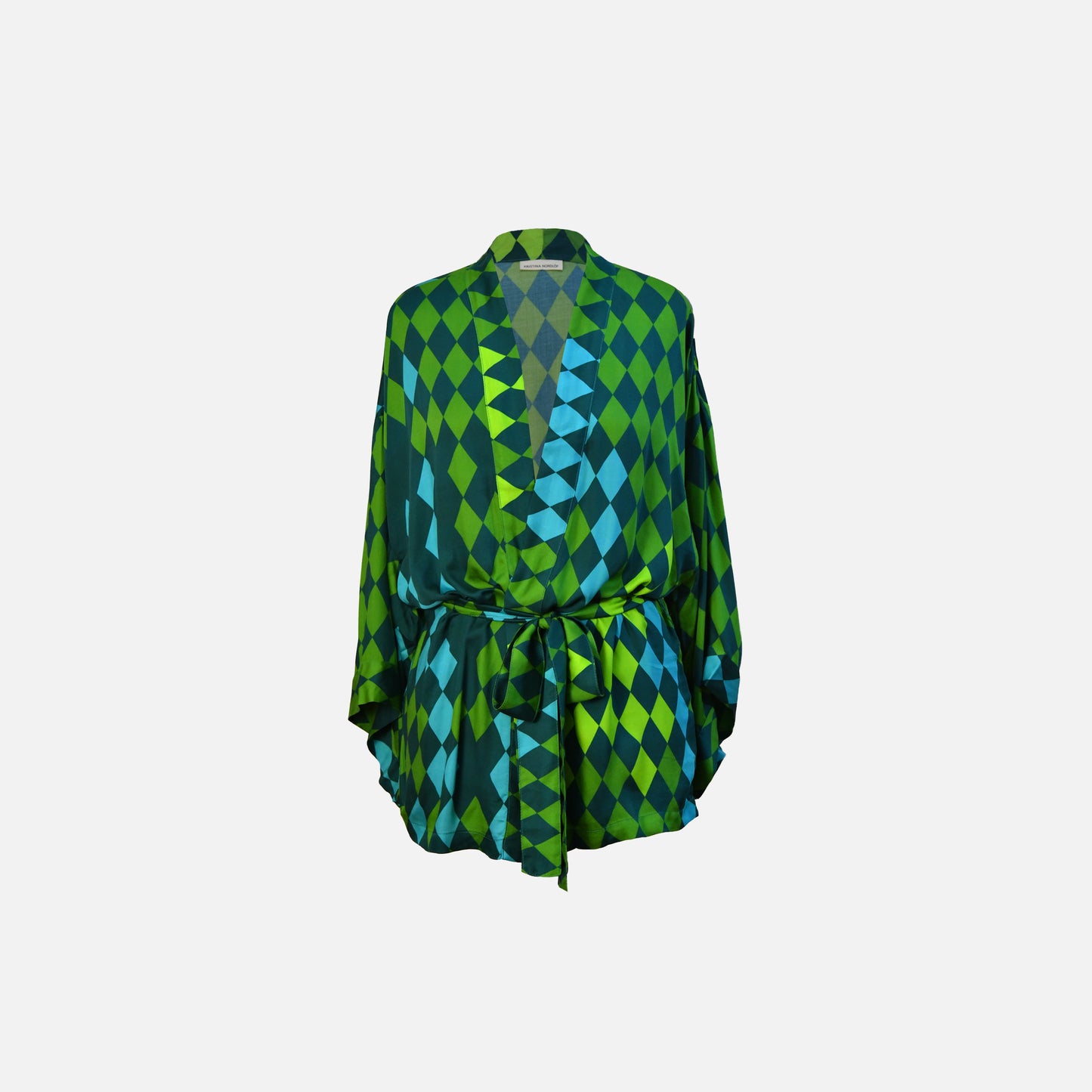 EcoVero™ viscose short kimono with rhomb print in green and turquoise tones, front view, tied with belt at the waist