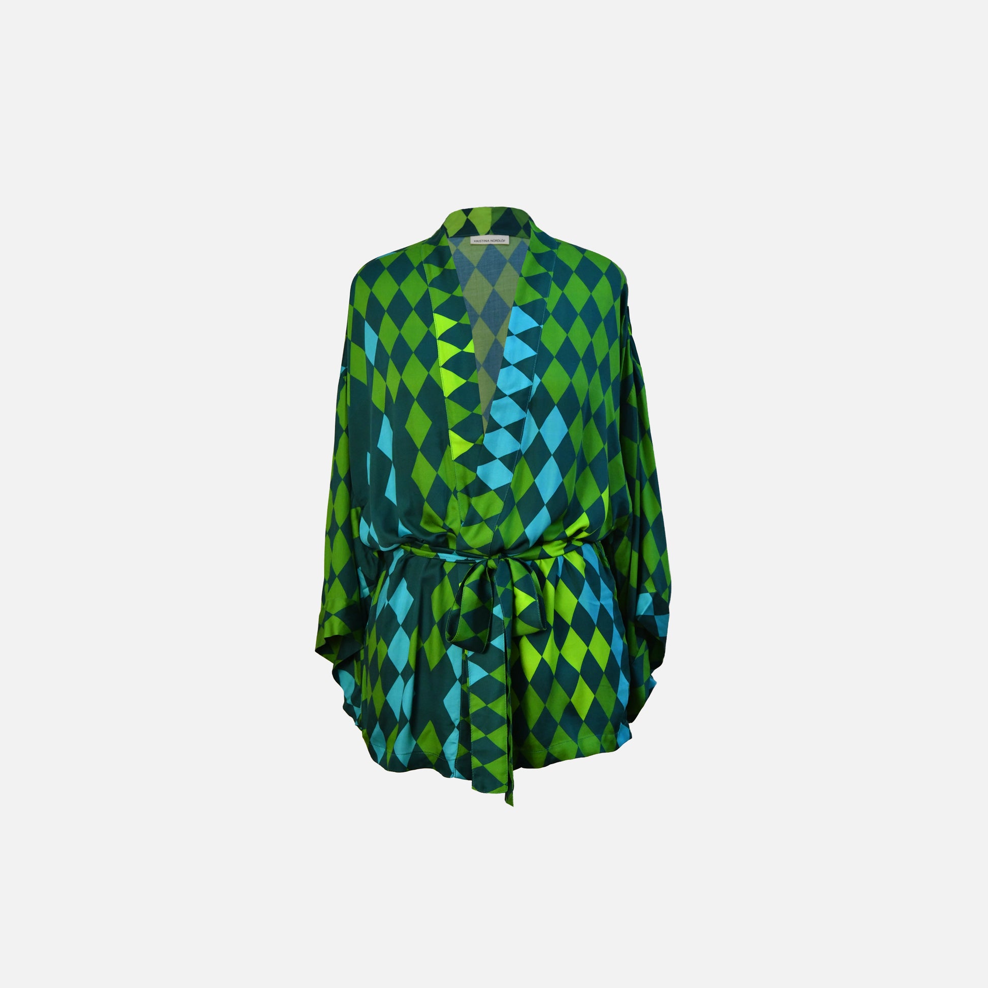 EcoVero™ viscose short kimono with rhomb print in green and turquoise tones, front view, tied with belt at the waist