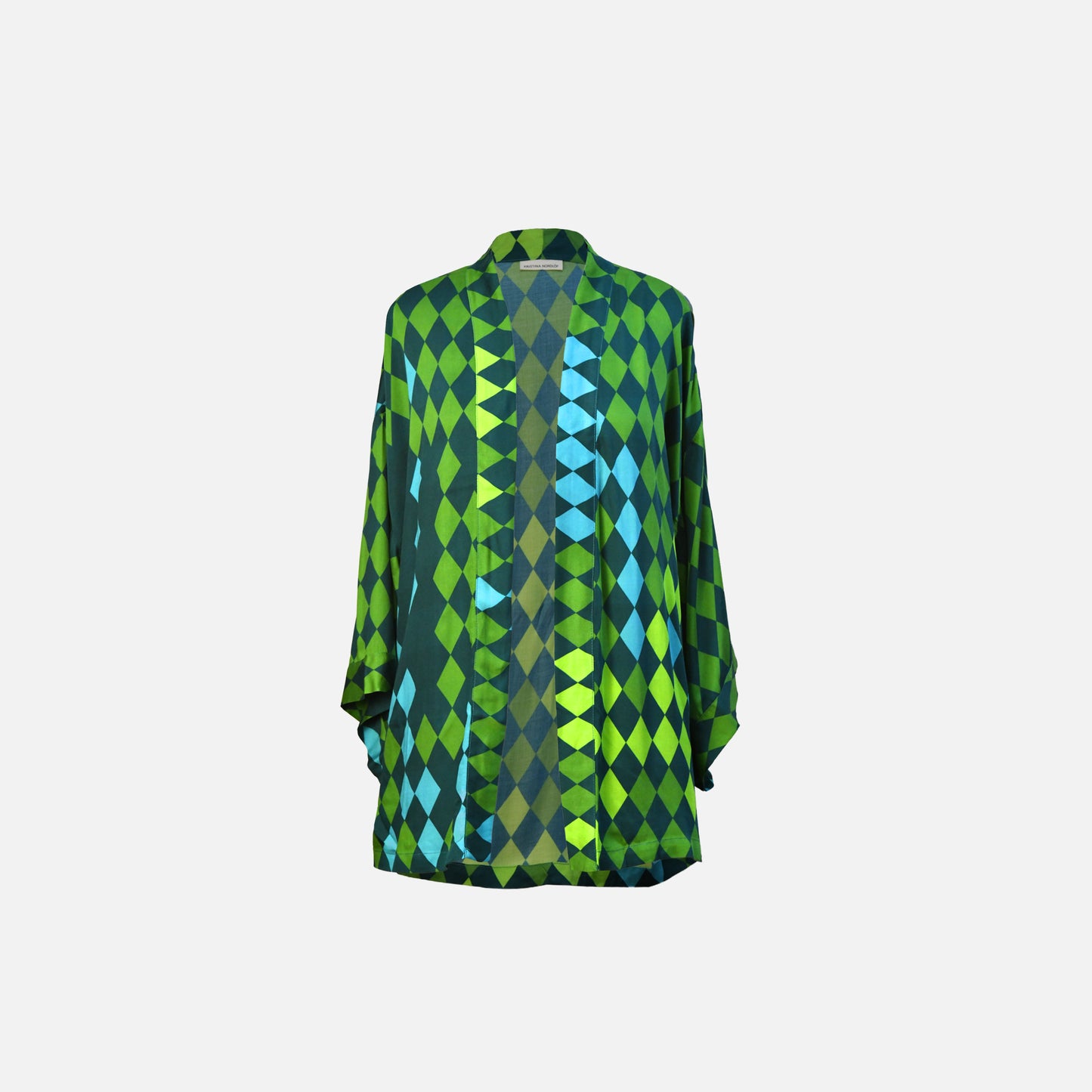 Sustainable EcoVero™ viscose short kimono with rhomb print in green, lime and turquoise, front view